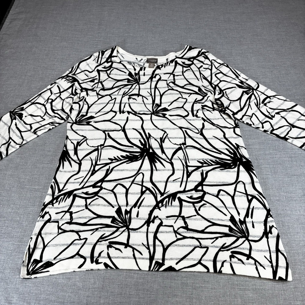 Chico's 2 Large Black White Abstract Floral Print Top Long Sleeve Scoop Neck